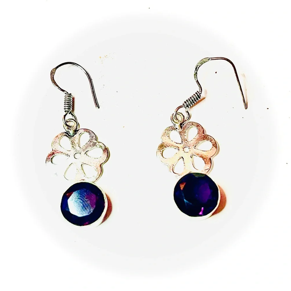 New Artisan 925 Sterling Silver Natural Amethyst Gem Daisy Handmade Earrings